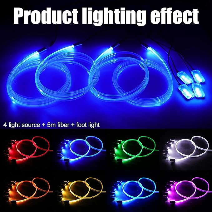 Car Atmosphere Light Kit 5m Fiber Optic Multicolor Sound Active Music Sync Memory Function RF Remote Controller + Bluetooth APP Control 64 Colors USB Car Interior Footwell Ambient Lighting Kit