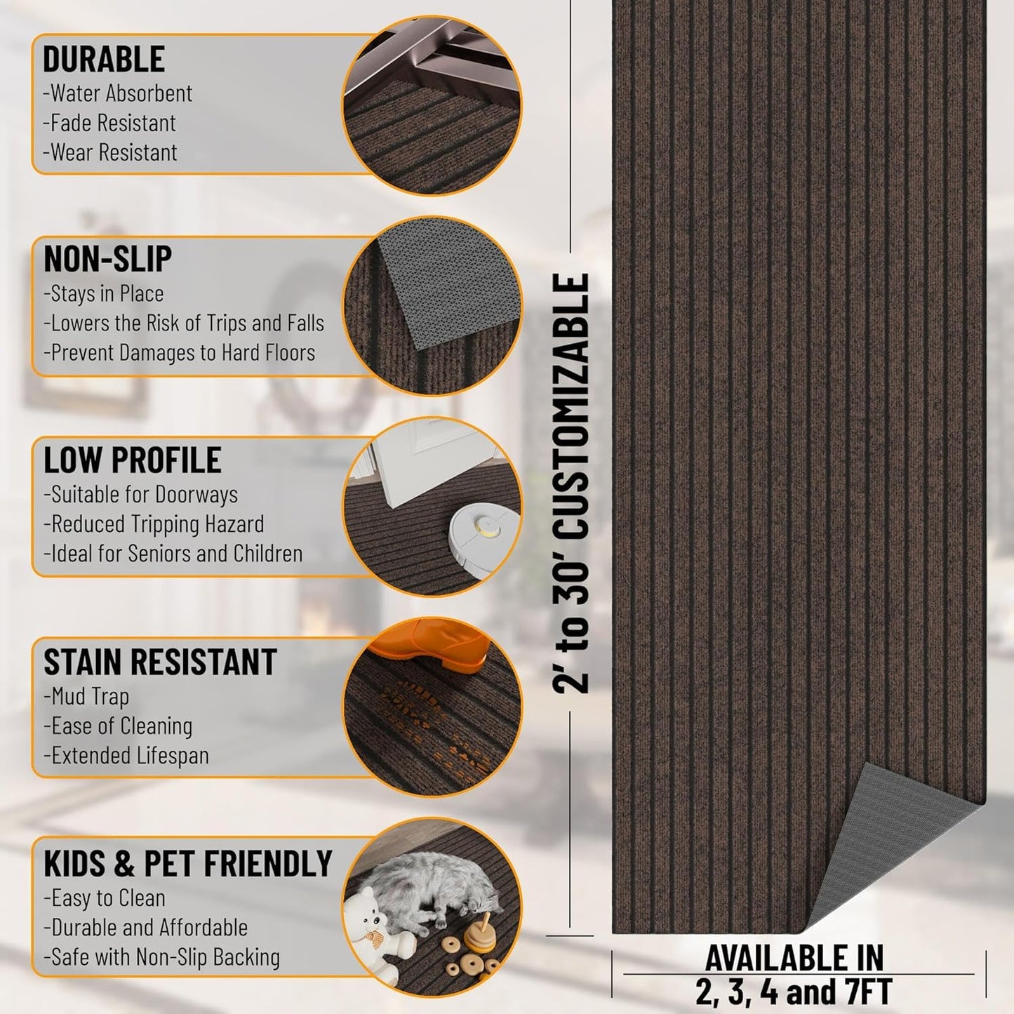 Ottomanson 2'7" x 21' Hallway Runner with Scraper Pile - Extra Durable Non-Slip Rug Mat for Indoor & Outdoor Use - Ideal for Kitchen, Entryway & Garage - High-Traffic Carpet, Brown