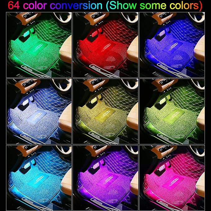 Car Interior Ambient Lighting RGB 64 Colors Multicoloured Music Car Footwell Lighting Kit with Cigarette Lighter and App Microphone, 12V-24V