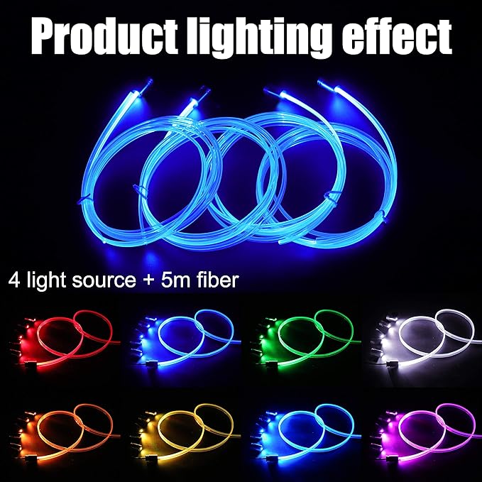 5 Meters Optic Fiber Car Ambient Lighting with Bluetooth App Control 64 Colors Multicoloured Music Interior Lighting Kit DC 12V 1W