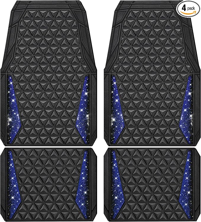 CAR PASS Bling Diamond Car Mats Rubber Floor Mats Full Set Anti-Slip 3D Rhombus Waterproof Trim to Fit Liner Universal Glitter Crystal Sparkly Shining Rhinestone Girl Women SUV Sedan Van, Black Blue
