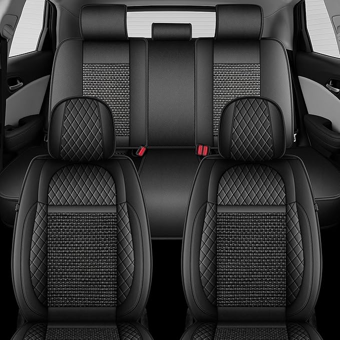 TTX LIGHTING for GMC Terrain 2010-2026 Car Seat Covers, Breathable Ice Silk & Leather Seat Protector, Cool & Anti-Sweat for Long Driving, Airbag Compatible, 5 Seats Full Set (Black)