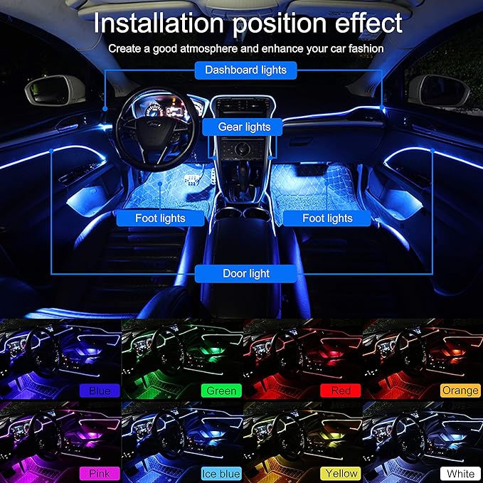 Car Ambient Lighting 64 Colors Multicoloured Music Optic Fiber Controller + APP Control Car DIY Decorative Atmosphere Lighting Kit DC 12V 1W 8m