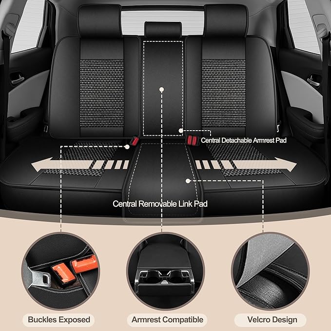 TTX LIGHTING for Honda Pilot 2005-2016 Car Seat Covers, Breathable Ice Silk & Leather Seat Protector, Cool & Anti-Sweat for Long Driving, Airbag Compatible, 5 Seats Full Set (Black)