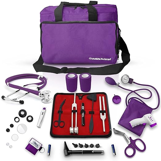 ASA TECHMED Nurse Essentials for Work Starter Kit, Stethoscope, Blood Pressure Monitor, Otoscope, Tuning Forks and More. 18 Pcs Doctor Kit, Nurse Gift (Purple)