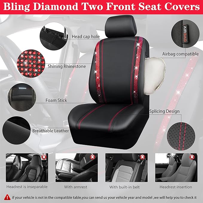 CAR PASS Leather Bling Diamond Car Seat Covers 2 Front Interior Sets, Waterproof Universal Shining Glitter Crystal Sparkle Fit for 95% Automotive Truck SUV Cute Women Girl, Black Red Rhinestone