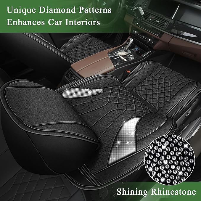 Bling Diamond Embroidered Seat Covers for Honda Pilot 2005-2016, Full Set 5 Seats, Sparkle Rhinestone Breathable Perforated Faux Leather Car Seat Covers for Women (Black)