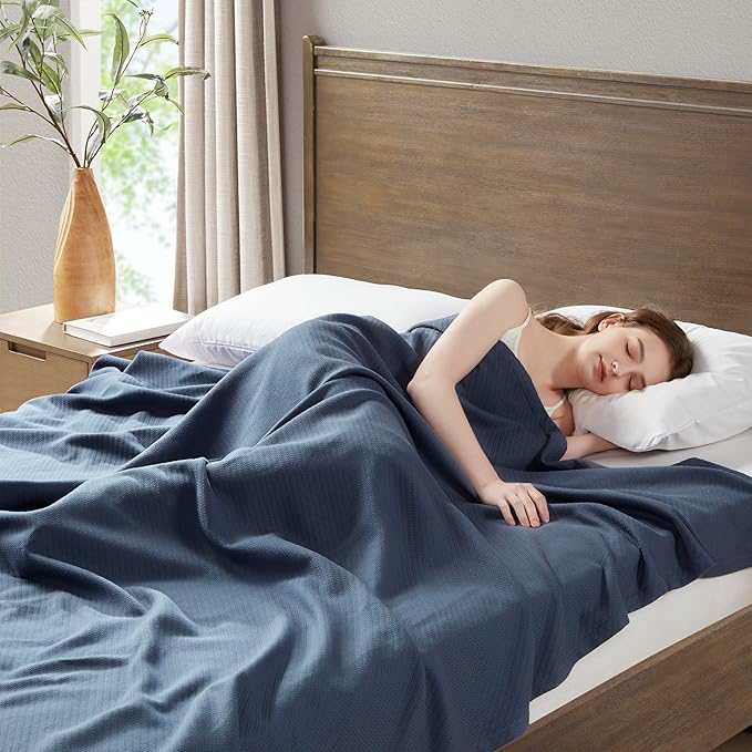 Madison Park Liquid Cotton Blanket Breathable, Softer Ring Spun Weave, Diamond Motif, Luxurious 100% Cotton All Seasons Lightweight Summer Blanket for Bed, Couch, Office, Navy, King