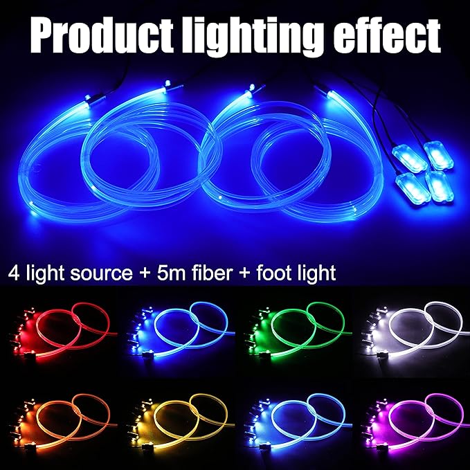 5 m Optic Fiber Car Ambient Lighting Kit Bluetooth App Control + RF Remote Control 64 Colors Multicoloured Music Interior Footwell Lighting Kit 12V 1W