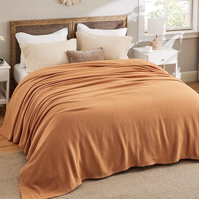 Bedsure 100% Cotton Blanket Queen Size for Bed - Breathable and Lightweight, Soft Cozy Textured Herringbone Woven Blanket for Summer Spring, Burnt Orange, 90x90 inches