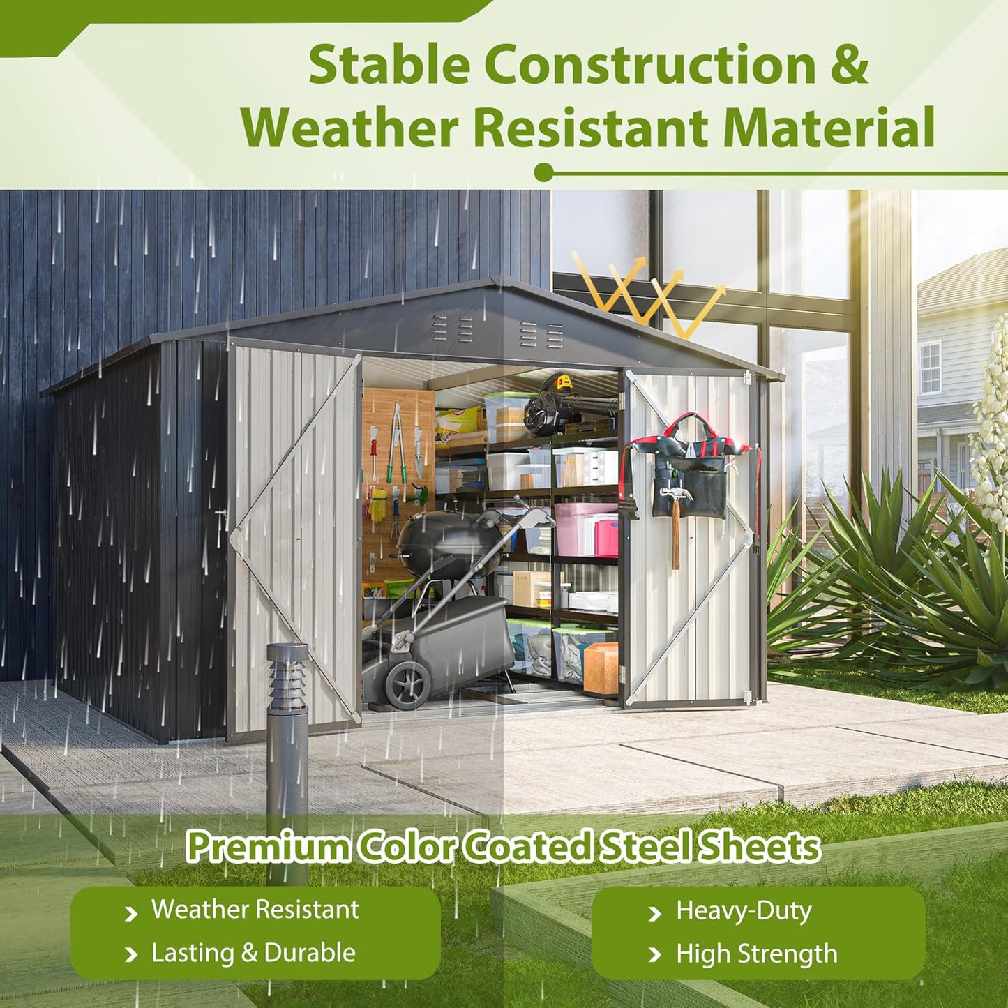 10X8 FT Outdoor Tool Storage Shed with Metal Foundation & Lockable Doors, All Weather Metal Sheds for Garden, Patio, Backyard, Lawn