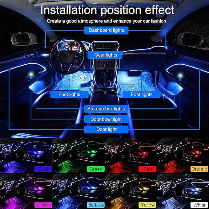 64 Colors Car Ambient Lighting Fiber Optic RF Remote + APP Control Multicoloured Music Car Atmosphere Decorative Lighting Kit 1W DC 12V-24V 4m