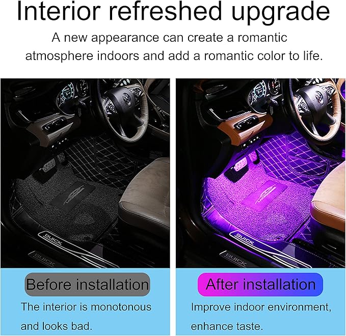 Car Ambient Lighting Kit Bluetooth App Control + RF Remote Control 64 Colors Multicoloured Music Interior Footwell Lighting Kit 12V