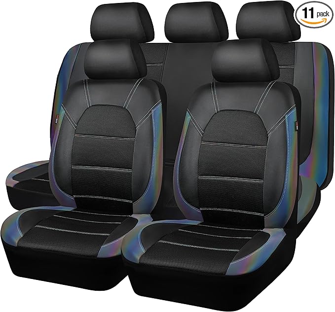 CAR PASS Leather seat Covers,Automotive Universal Sport car seat Cover Super 5mm Composite Sponge Inside,Airbag Compatible fits Most SUVs, Trucks,and Vans (Full Set,Chameleon Iridescent Reflective)