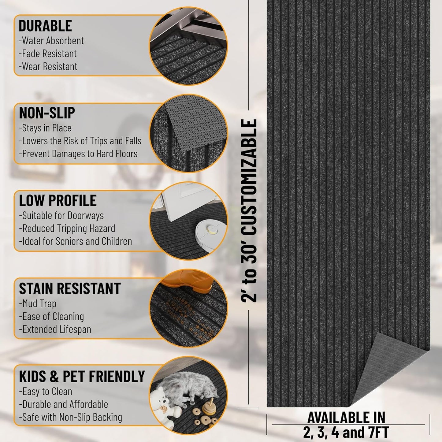 Ottomanson 2' x 19' Hallway Runner with Scraper Pile Extra Durable Non-Slip Rug Mat for Indoor & Outdoor Use - Ideal for Kitchen, Entryway, Patio & Garage - High-Traffic Carpet, Black