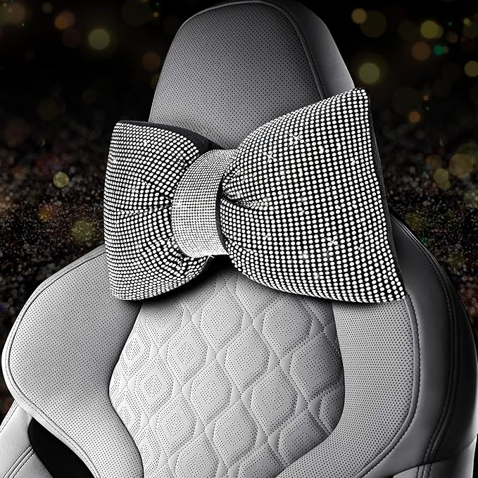 2 PCS Bling Car Pillows, Rhinestones Bowknot Bling Car Headrest Pillow, Car Neck Pillow for Driver Cool Relax Necksupport, White Crystal Diamond Car Accessories for Women