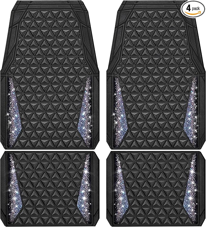 CAR PASS Dazzle Colour Change Car Mats Diamond Floor Mats Full Set Anti-Slip 3D Rhombus Waterproof Universal Trim Fit Liner Glitter Crystal Sparkly Shining Rhinestone Girl Women SUV Sedan Van Colorful