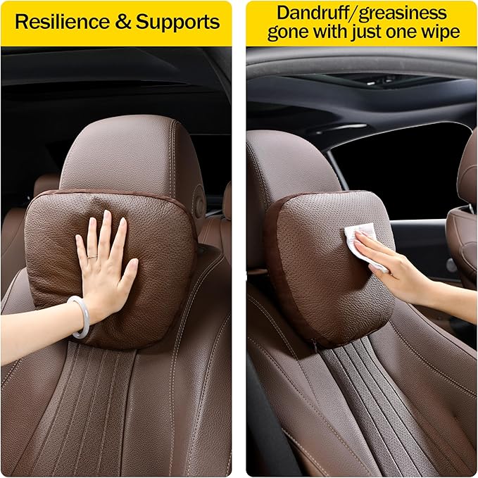 Genuine Leather Car Neck Pillow for headrest,Support Drive Seats Head Cushion,Real Cow Leather,11.8x7.5”,Plant-Based Polyester,Thickness & Height Adjustable,Inner Liner fillable(Grey,1p)