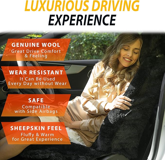 ZONETECH Sheepskin Seat Covers Fuzzy Car Seat Covers Black Australian Merino Wool Fluffy Fur Auto Accessories All Season Protection for Your Seats Universal Fits Most Car SUV Airbag Compatible