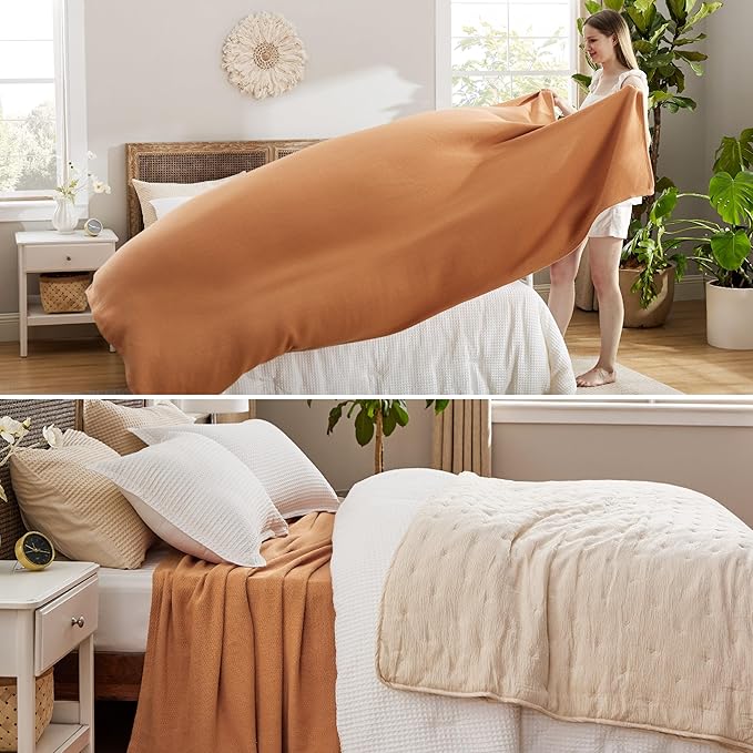 Bedsure 100% Cotton Blanket Queen Size for Bed - Breathable and Lightweight, Soft Cozy Textured Herringbone Woven Blanket for Summer Spring, Burnt Orange, 90x90 inches