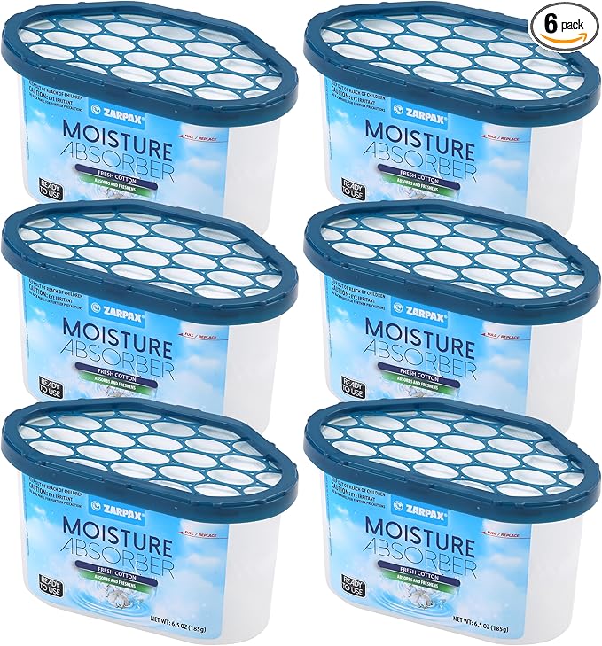 ZARPAX Moisture Absorber Fresh Cotton 6.5 oz/185g | Removes Moisture, Damp & Humidity | Odor Absorber With Fresh Cotton Fragrance | Moisture Trap for Bathroom, Closet, Kitchen | Set of 6
