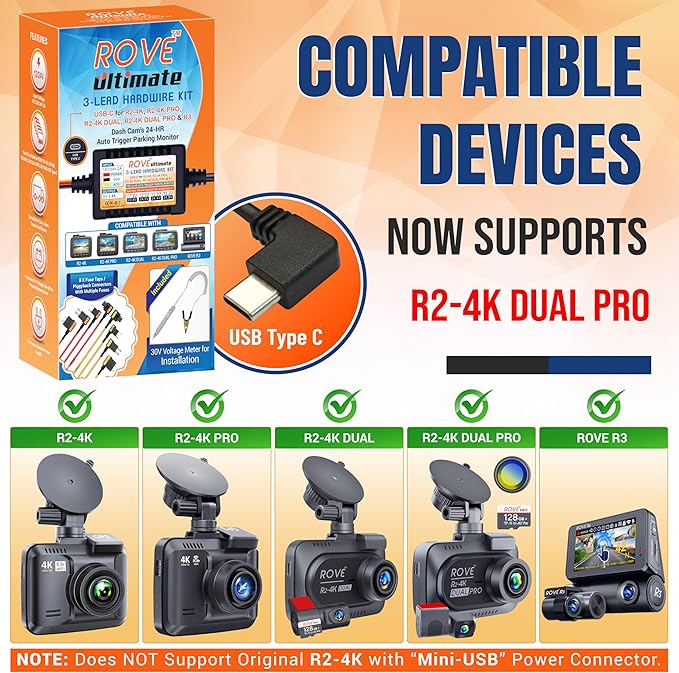 ROVE Ultimate Dash Cam Hardwire Kit with USB-C Port for R2-4K, R2-4K PRO, R2-4K Dual, R2-4K Dual PRO, and R3 Dash Camera Models, 24Hr Parking Monitoring Kit with Low Voltage Protection