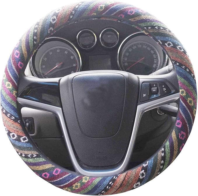 Medium Ethnic Style Coarse Flax Cloth Automotive Steering Wheel Cover Anti Slip and Sweat Absorption Auto Car Wrap Cover (14.5''-15'',C)