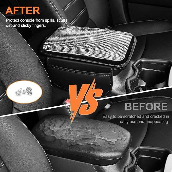 Bling Car Center Console Cover Custom Fit for Jeep Cherokee - Leather Armrest Cover with 2 Storage Pockets and Crystal Rhinestones(Black)