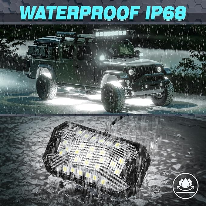 16 Pods Pure White Rock Lights, 6000K Pure White 27 LEDs Super Bright LED Underglow Neon Light, 10m Extension Wire, IP68 Waterproof for Trucks Pickup SUV UTV ATV RZR Car Boats