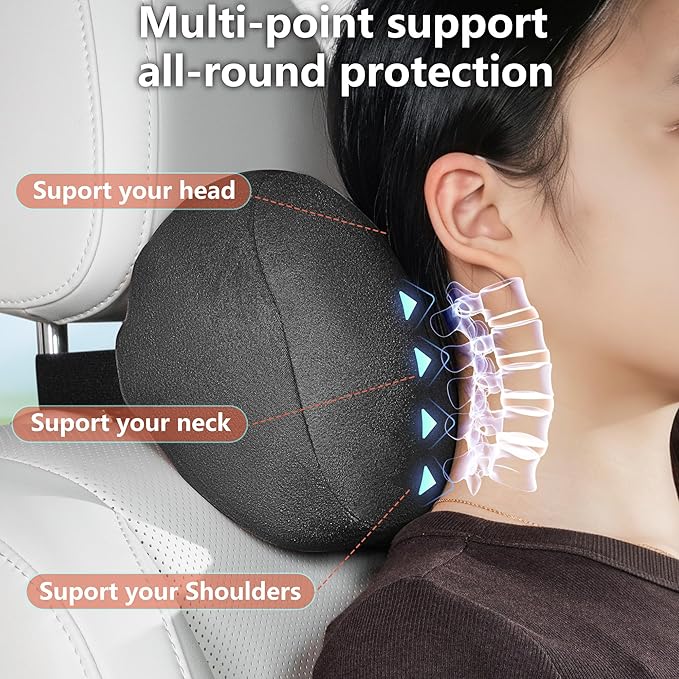 Car Neck Pillow Ergonomic Design Memory Foam Softness Car Headrest Pillow for Neck Support Cushion for Driving, Universal Fit Head Rest Travel Pillow, Fits All Vehicles, Black, 1 Pack