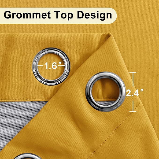XWZO 100% Blackout Curtain Panels - Thermal Insulated Black Liner Curtains, Noise Reducing and Heat Blocking Drapes for Hall and Studio Windows with Tiebacks, Yellow, W60 x L84, Set of 2