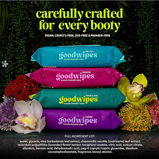 goodwipes Flushable Butt Wipes - Vitamin E & Aloe - Sewer & Septic Safe - Extra Large Adult Wet Wipes For Women & Men - Bathroom Essentials - Lavender, 418 Count (8 Packs + 1 Travel)