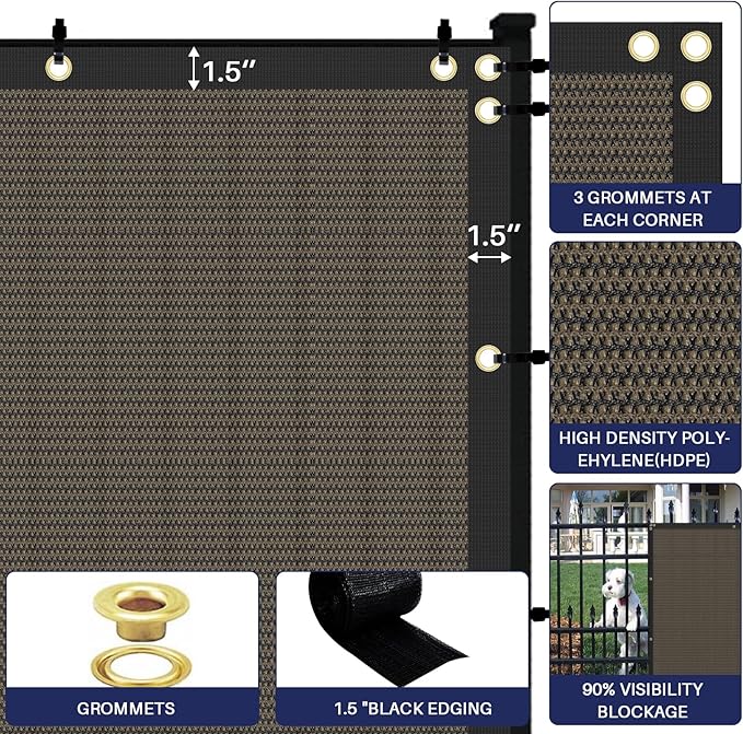 Windscreen4less Privacy Fence Screen Heavy Duty Windscreen Fencing Mesh Fabric Shade Net Cover with Brass Grommtes for Outdoor Wall Garden Yard Pool Deck, 8'x6' Brown