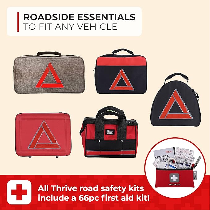 Thrive Car Emergency Kit & Roadside Emergency Car Kit - 104-Piece Set, Red Canvas Bag, Universal Fit - Jumper Cables, Escape Hammer & Tire Gauge - Road Trip Essentials & Emergency Supplies