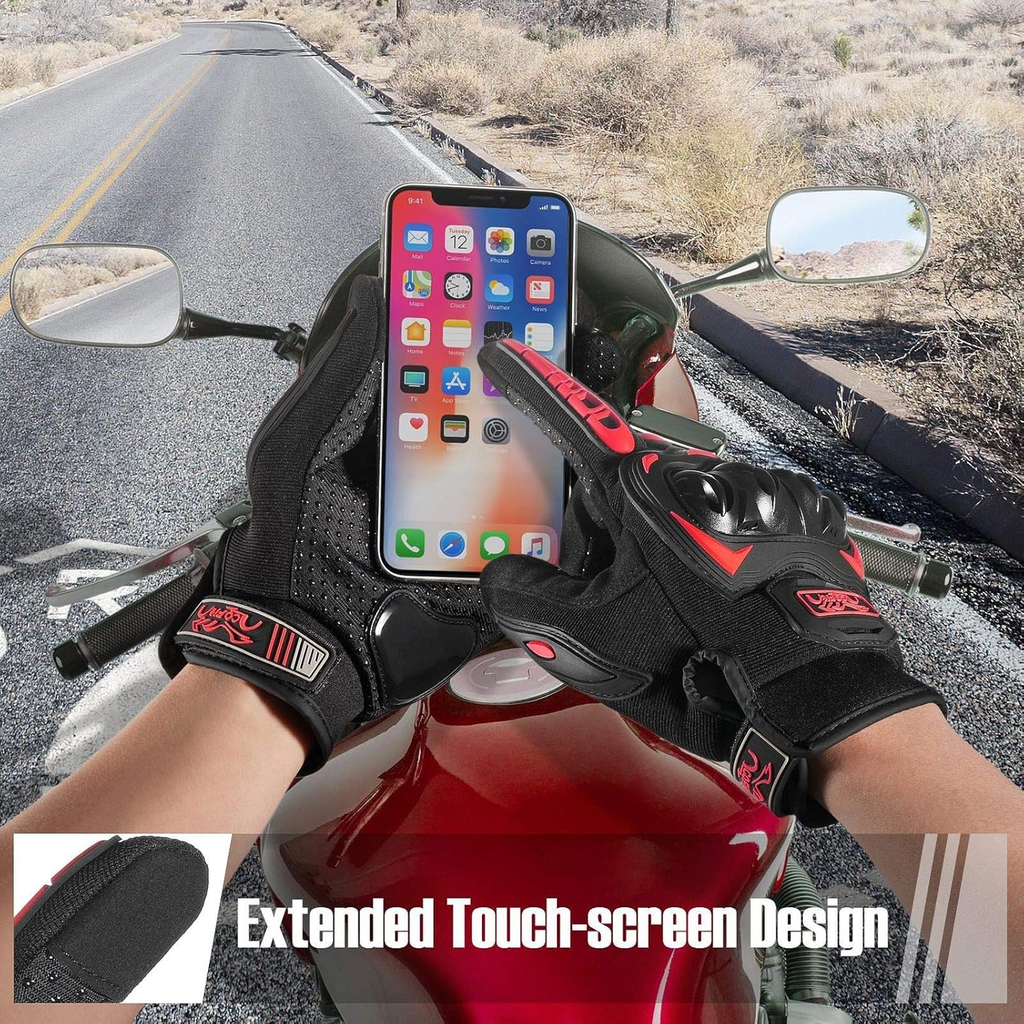 COFIT Motorcycle Gloves Breathable, Touchscreen Motorbike Gloves Anti-Slip with Good Grip Hard Knuckles Protection for Men Women Motocross, BMX ATV MTB Cycling, Road Racing - Red XXL