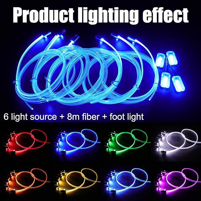 Car Ambient Footwell Lighting Optic Fiber 64 Colors Music Sound Active with APP Control Car Decorative Atmosphere Lighting Kit DC 12V 1W 8m