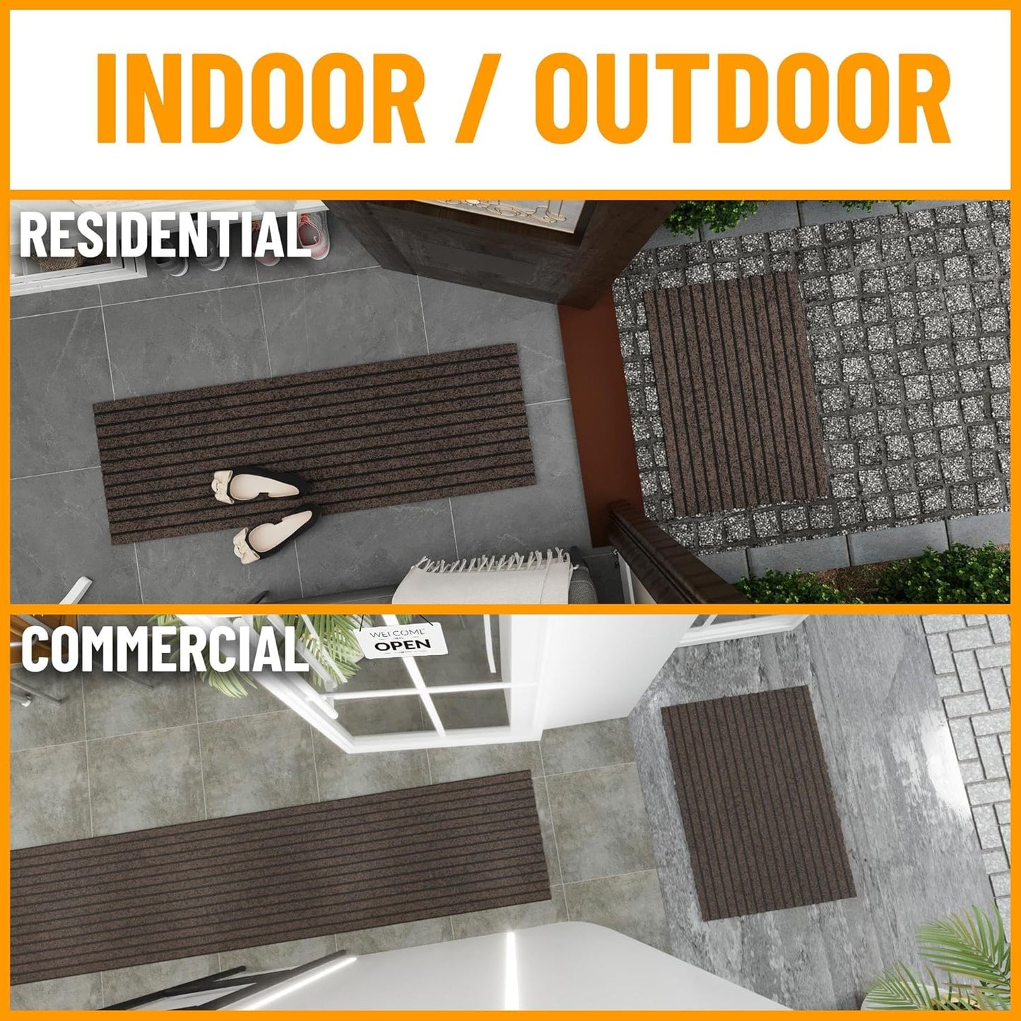Ottomanson 2'7" x 42' Hallway Runner with Scraper Pile - Extra Durable Non-Slip Rug Mat for Indoor & Outdoor Use - Ideal for Kitchen, Entryway & Garage - High-Traffic Carpet, Brown