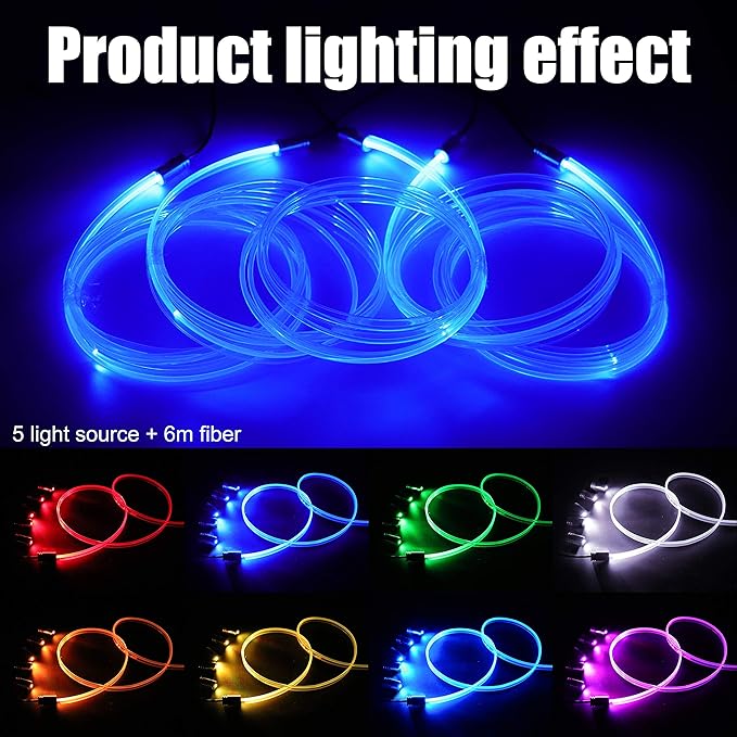 Car Interior Strip Lights, 5 in 1 Multicolor RGB Car Ambient Lighting Kit, 6m Fiber Optic EL Neon Tube Light, DIY Mode Music Sync RF Remote Control + APP Control DC 12V