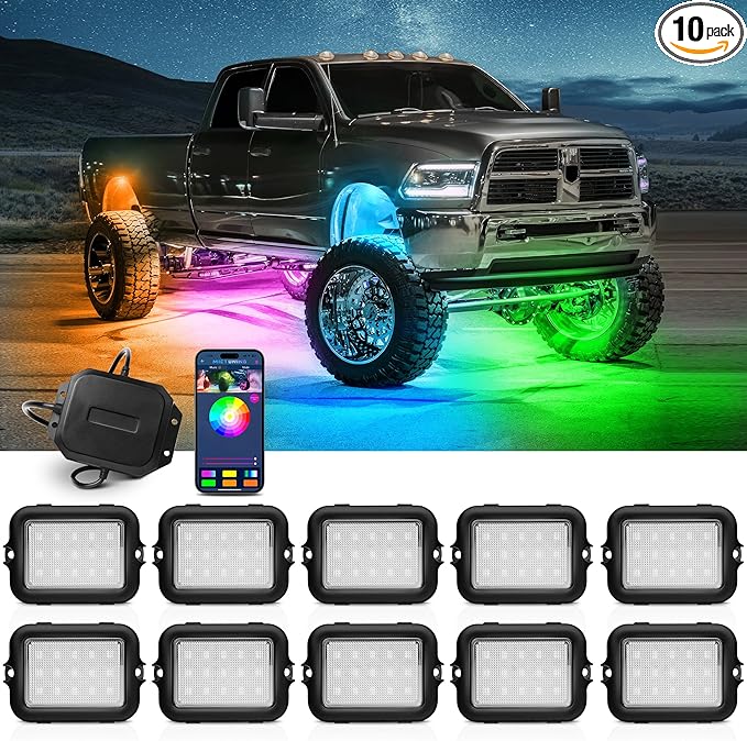 MICTUNING Y1 RGB+IC Dream Color Rock Lights - Upgraded 10 Pods Underglow Light with Chasing Effect, Wheel Well Light with Wiring Switch Kit, Bluetooth APP Control, Extensible Up to 24 Pods