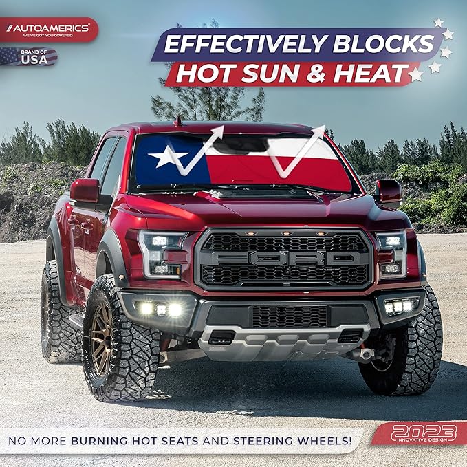 Autoamerics 1-Piece Windshield Sun Shade American Texas Flag USA Patriotic Design - Foldable Car Front Window Sunshade for Sedans SUV Truck - Blocks Max UV Rays and Keeps Your Vehicle Cool - Medium
