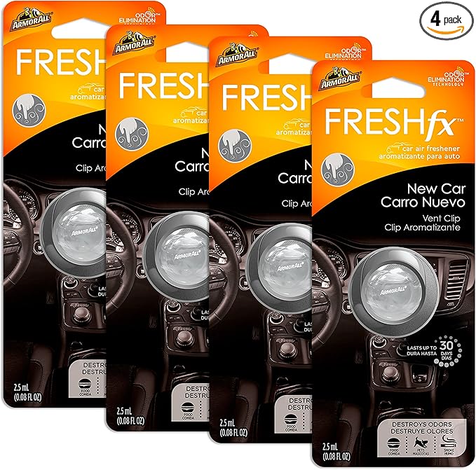 Armor All Car Air Freshener and Purifier - Odor Eliminator for Cars & Truck, Freshfx New Car, 0.08 Fl Oz Vent Clip, Pack of 4, 18549-4PK