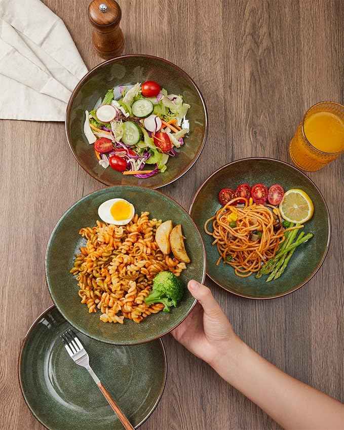 32 Piece Double Bowl Dinnerware Sets with Pasta Bowls, Highly Chip and Crack Resistant Plates and Bowls Sets, Natural Earthyware Ceramic Dishware Sets, Service for 8 Brown Green