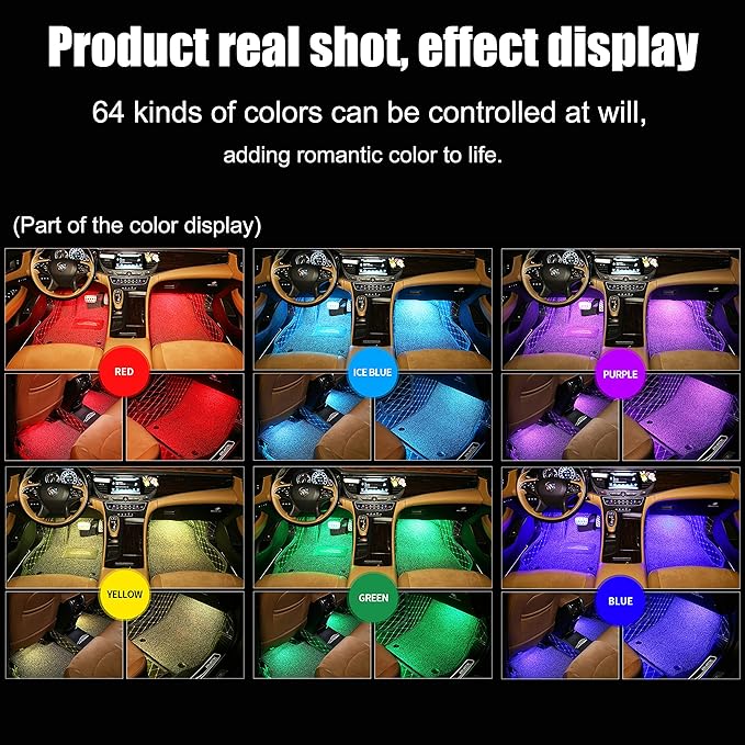 RGB Car Footwell Ambient Lighting Kit 16.7 Millions Colors Sound Active Music Sync APP Control + RF Remote Controller DC Line Car Interior Multicolored Footwell Atmosphere Light DC 12V