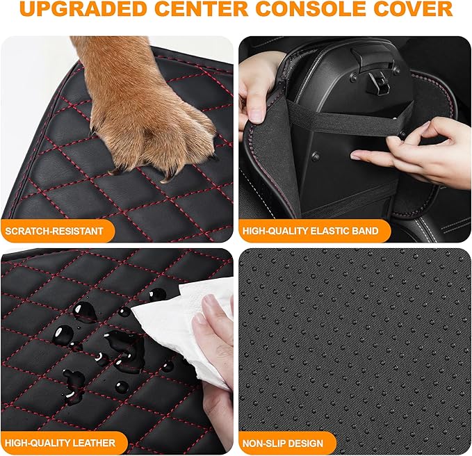Center Console Cover for Cars Fit for Jeep Cherokee Compass Gladiator Liberty Patriot Renegade Wrangler Leather Armrest Covers with 2 Storage Bags(Black&Red)