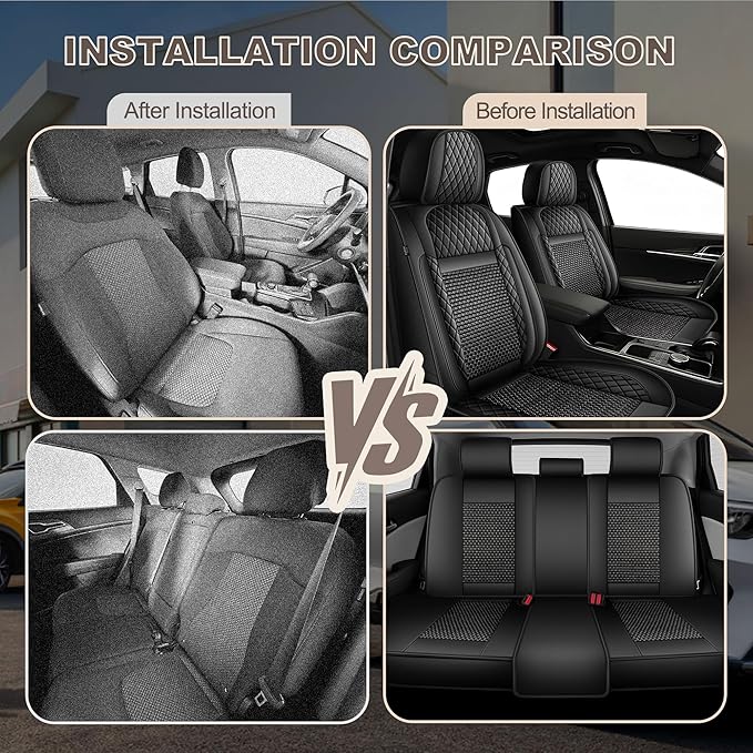 TTX LIGHTING for Ford Fusion 2010-2020 Car Seat Covers, Breathable Ice Silk & Leather Seat Protector, Cool & Anti-Sweat for Long Driving, Airbag Compatible, 5 Seats Full Set (Black)