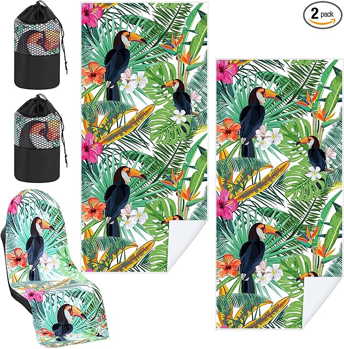 2 Pack Car Seat Towel Covers with Storage Bag 63 x 32 Inch Athletic Running Towel Seat Sweat Washable Non Slip Cover Gift for Car Outdoor Sport Activities (Tropical Toucan)