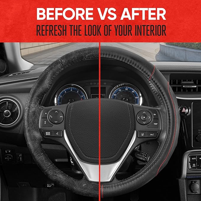 Motor Trend GripDrive Faux Black Leather Steering Wheel Cover for Car Truck Van SUV, Small 14 inch Size, Red Accent Stitched Car Steering Wheel Cover Vehicle & Auto Accessories