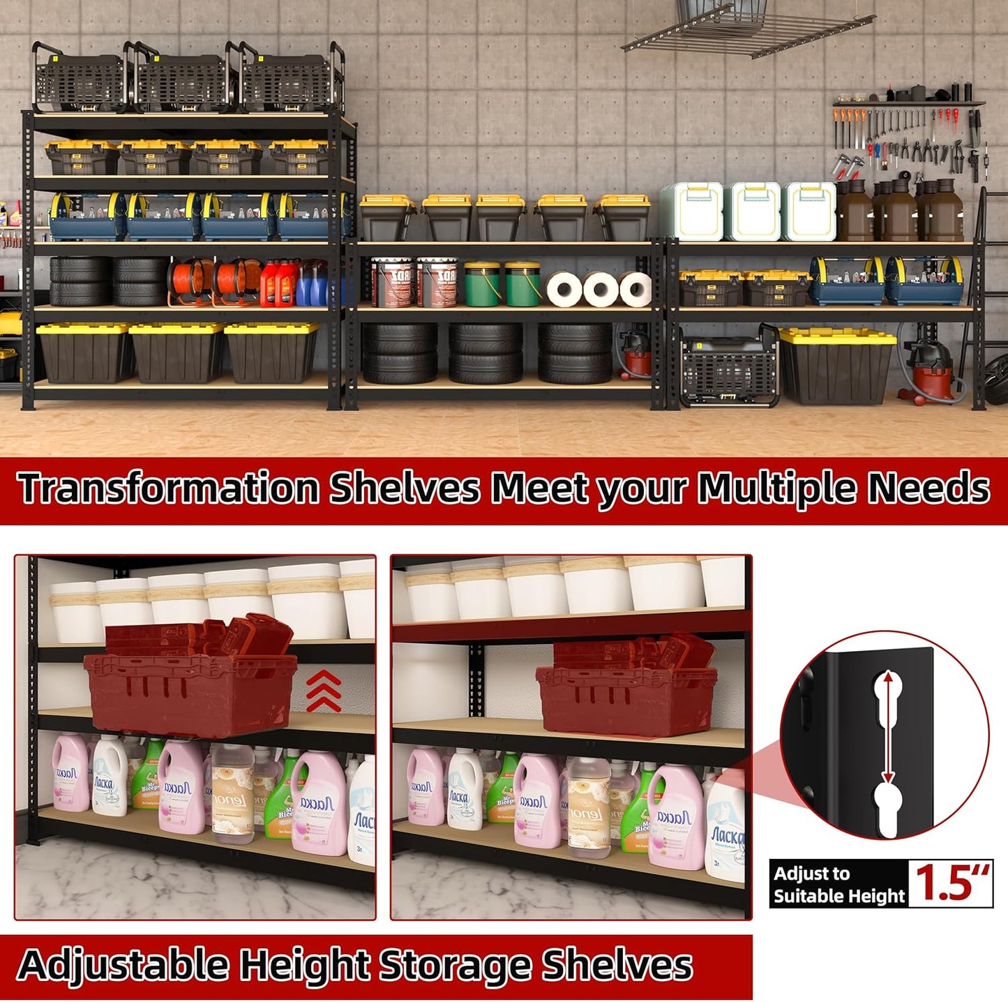5-Shelf Heavy Duty Shelving - Adjustable Garage Storage Shelves, Metal Utility Storage Racks for Warehouse Pantry Basement Kitchen, Garage Organizers Shelf Unit, Black