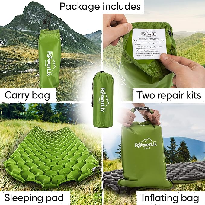POWERLIX Ultralight Inflatable Camping Sleeping Pad - Camping Mattress Sleeping Mat for Backpacking, Hiking, Compact Lightweight Sleeping Pad for Camping, Inflation Bag/Repair Kit Included