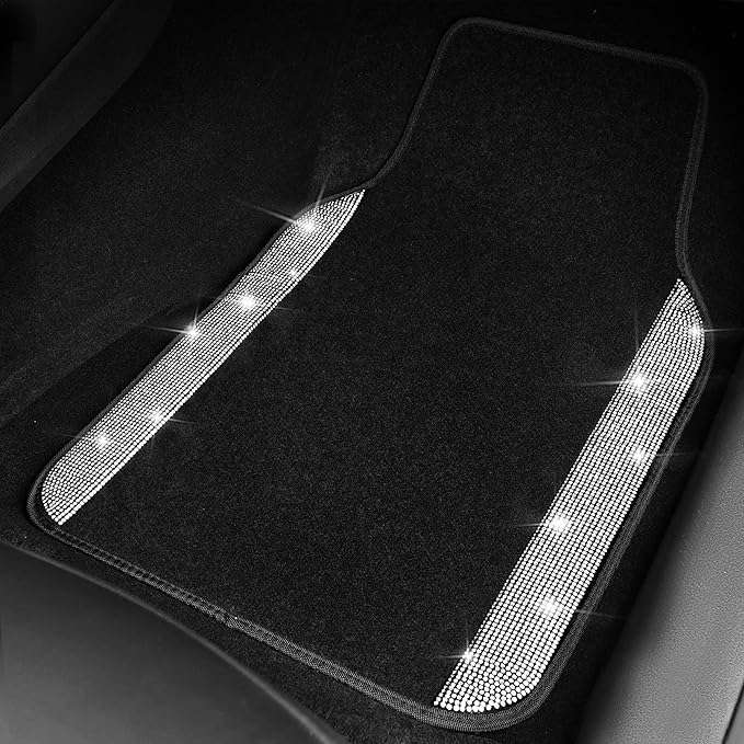 CAR PASS Bling Diamond Car Mats Shining Carpet Crystal Rhinestones Sparkly Glitter Floor Mats with Anti-Slip PVC Heel Pad Universal for Automotive SUV, Sedan, Van, 3pcs for Girl Women, Black Silver
